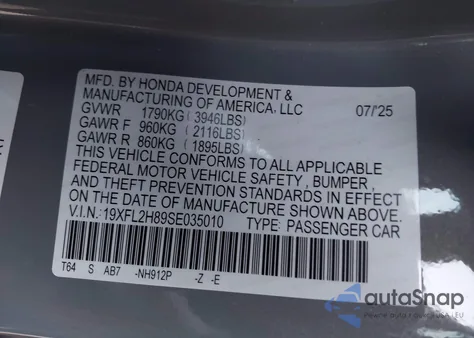 2025 Honda Civic Sport z USA, uszkodzony, nr VIN 19XFL2H89SE035010